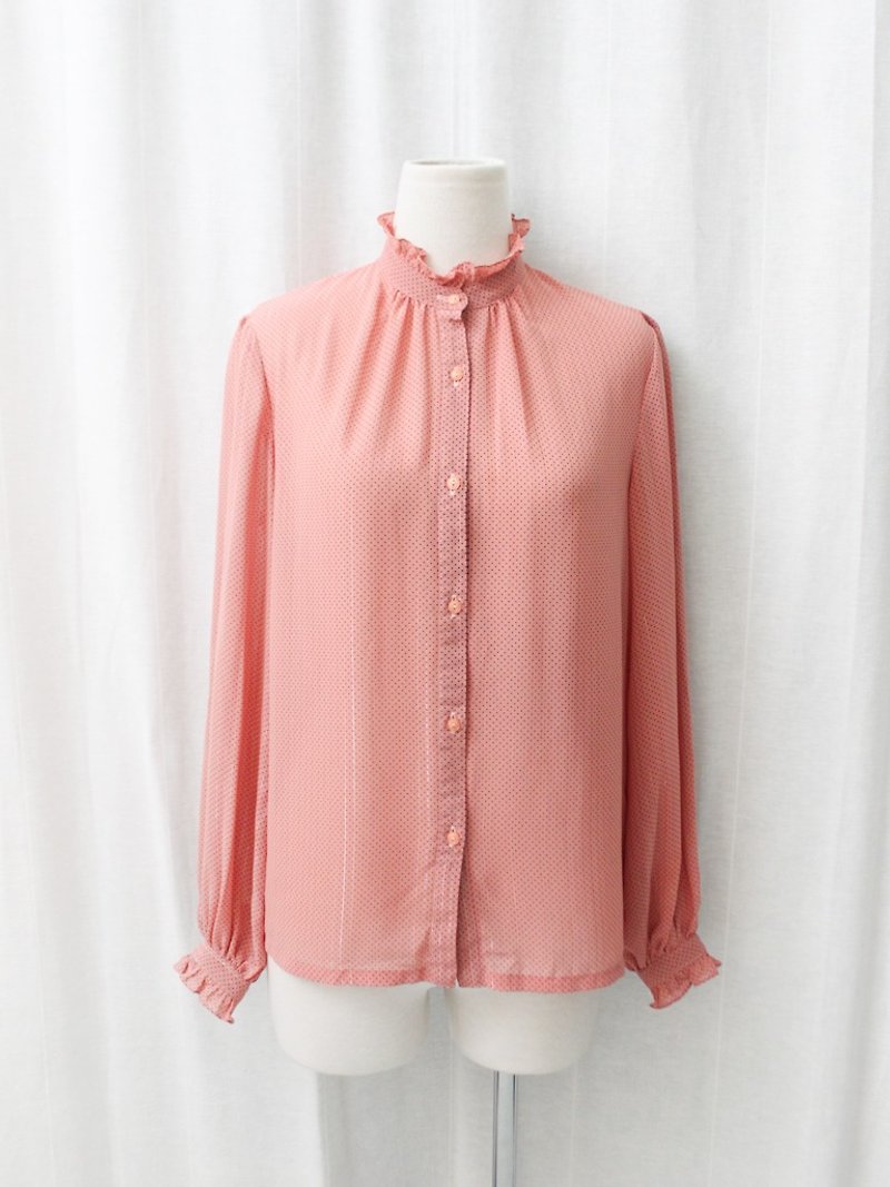 【RE0720T106】 Japanese-made retro Zhu pink striped collar collar ancient shirt - Women's Shirts - Polyester Pink