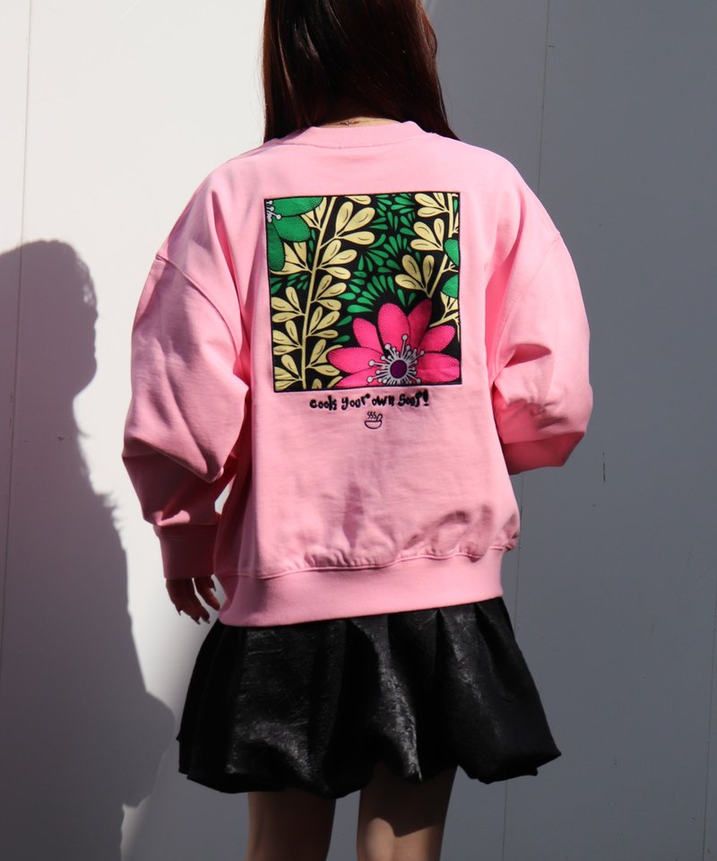 Cook your own soupパッチ刺繍裏毛プルオーバー(PINK×VINE) - 帽T/大學T - 棉．麻 粉紅色