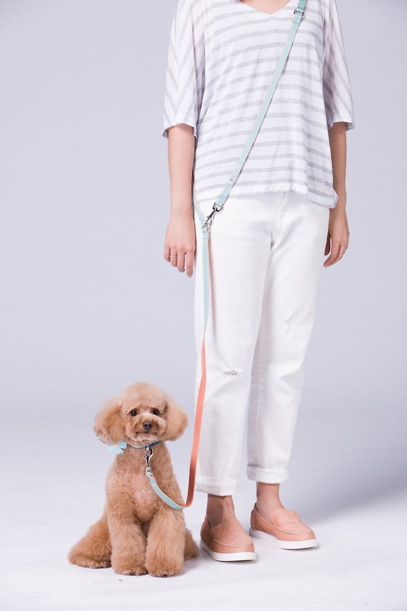[Tail and Me] Multi-functional two-color standard pull rope pink orange mint - Collars & Leashes - Nylon Multicolor