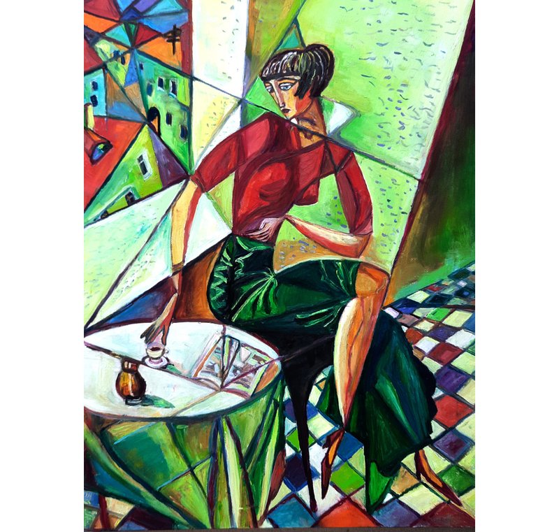 Girl wih Coffe  Painting   Original Art 油畫 Oil Painting Oil on Canvas Wall Decor - 壁貼/牆壁裝飾 - 其他材質 綠色