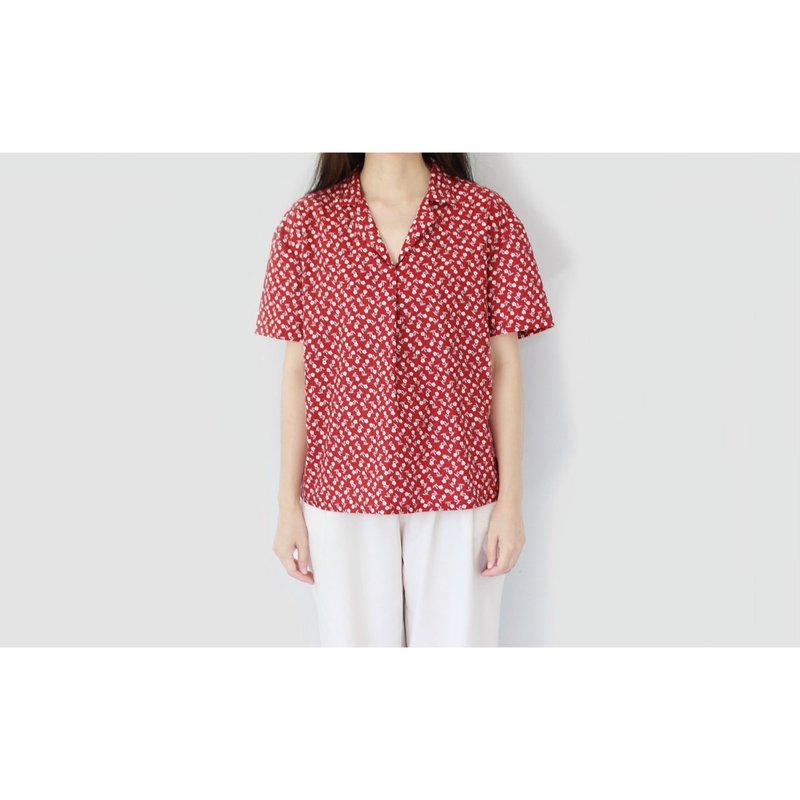 Red and white flower lover pattern PJ collar shirt with tweed - Women's Tops - Cotton & Hemp Red