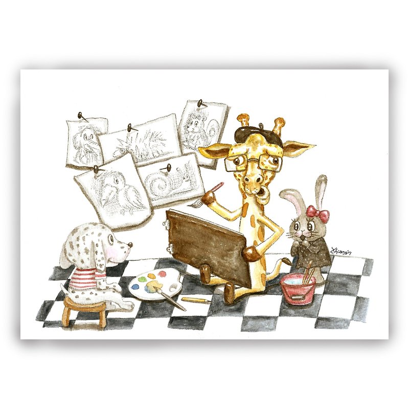 Hand-painted illustration universal card/card/postcard/illustration card-giraffe painter sketch drawing - การ์ด/โปสการ์ด - กระดาษ หลากหลายสี