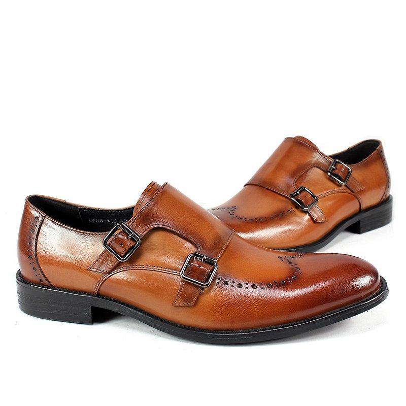 sixlips rendering carved double buckle Monk shoes Brown - Men's Leather Shoes - Genuine Leather Brown