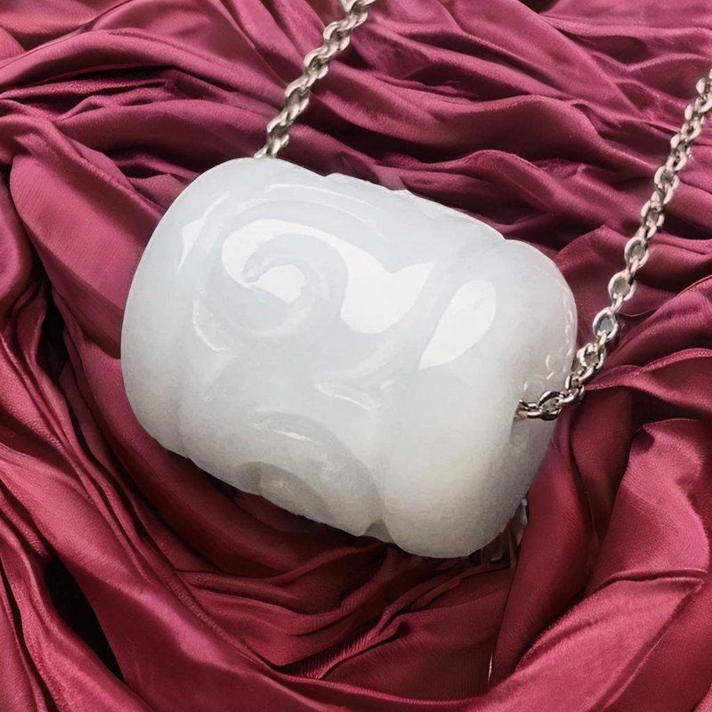 冰糯種翡翠雕花路路通項鍊 | 天然緬甸玉翡翠A貨 | 送禮 - 項鍊 - 玉石 白色