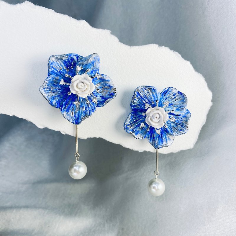 蔚藍星光銀箔珍珠手繪黏土耳環 | 兩種戴法 - 耳環/耳夾 - 黏土 藍色