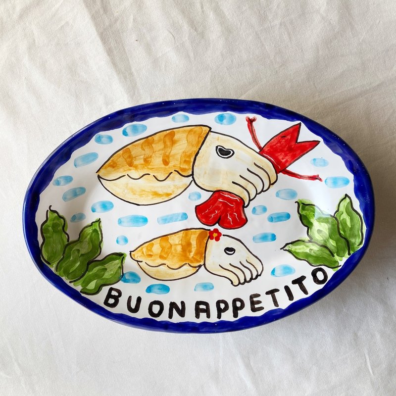 oval plate 26cm Italianceramic majolica  cuttlefish - Plates & Trays - Pottery Blue