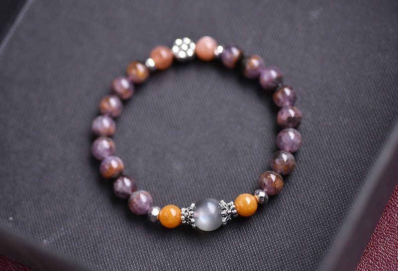 Purple Titanium Crystal + Orange Sunstone + Grey Moonstone Sterling Silver Bracelet - สร้อยข้อมือ - คริสตัล สีม่วง