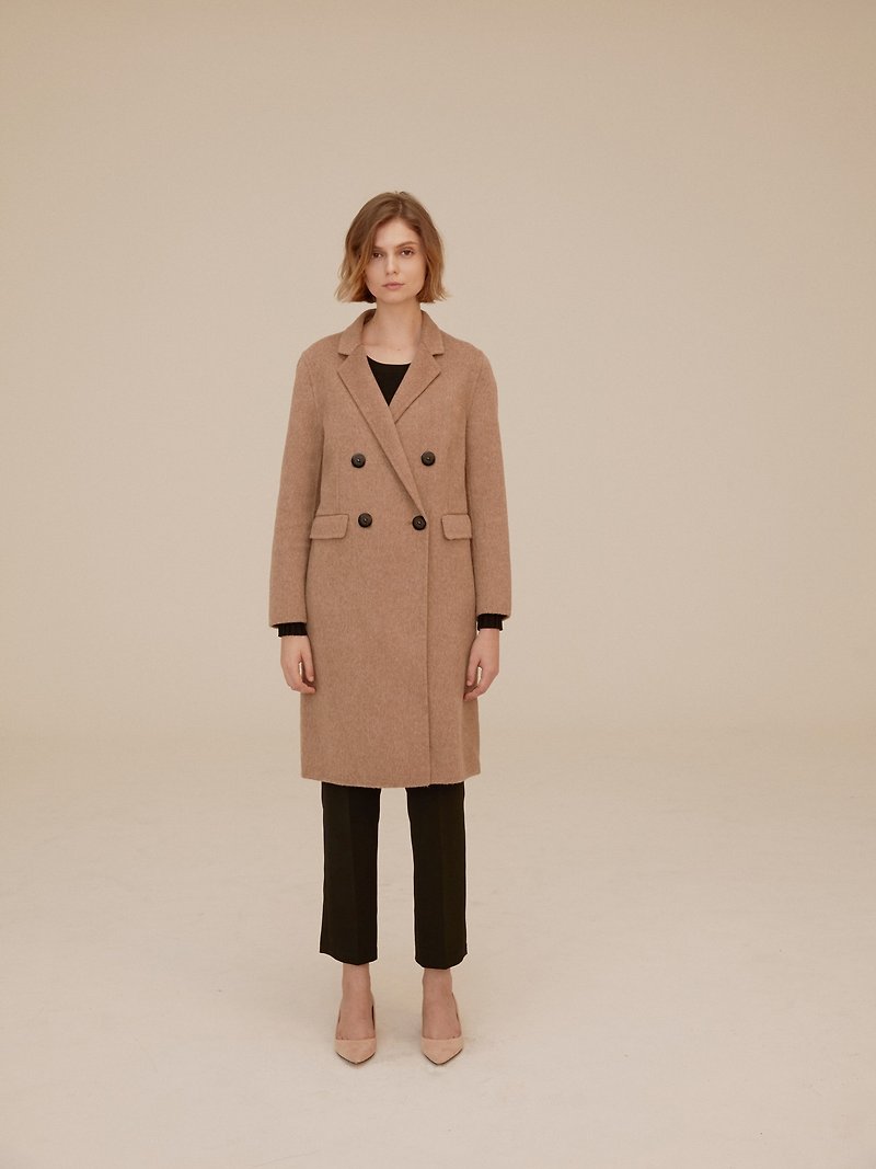 Double breasted long coat (Khaki) - Women's Casual & Functional Jackets - Wool Brown