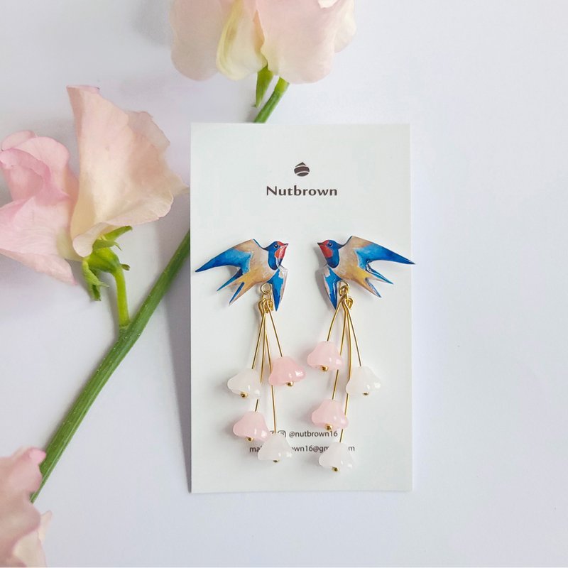 Bird Series-Swallow Glass Flower Earrings/ Clip-On - Earrings & Clip-ons - Resin Pink