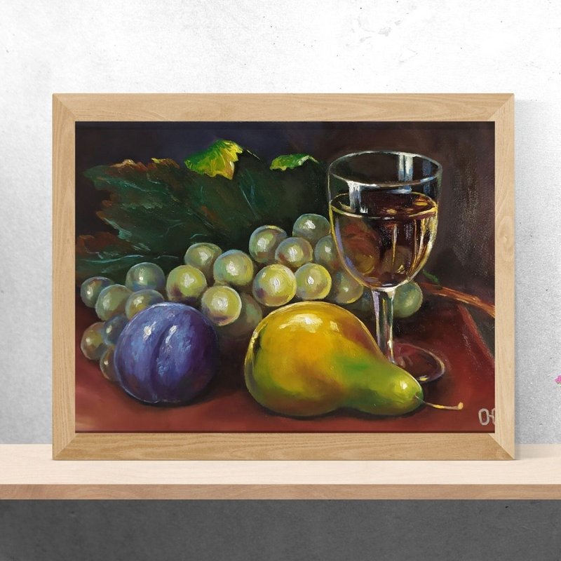 原畫/ 手繪油畫/ 繪畫/ 藝術/ Still Life Oil Painting Wine Original Handmade Fruits Painting - Posters - Eco-Friendly Materials Multicolor