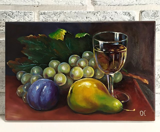 果物とグラスの油絵 - 絵画
