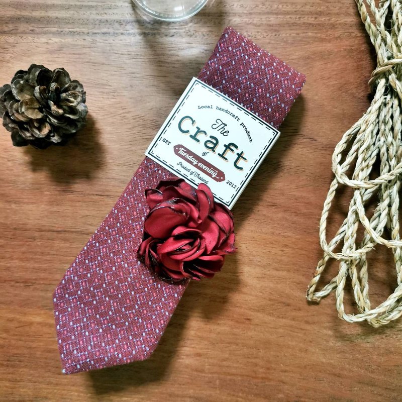 Flower Brooch Pin /with The Craft  Red Mulberry Grey Stitchy Dot Necktie - 領帶/領帶夾 - 棉．麻 紅色