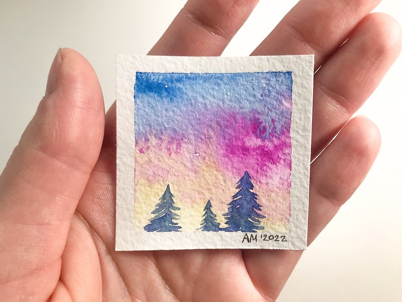 Original watercolor art sky Mini painting on paper Small wall art 2 x 2 inches - ตกแต่งผนัง - กระดาษ สึชมพู