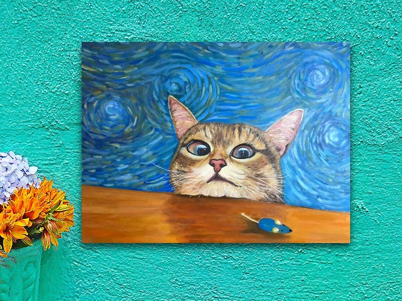 Handmade oil painting-a glimpse of the cat and the mouse - โปสเตอร์ - ผ้าฝ้าย/ผ้าลินิน สีน้ำเงิน