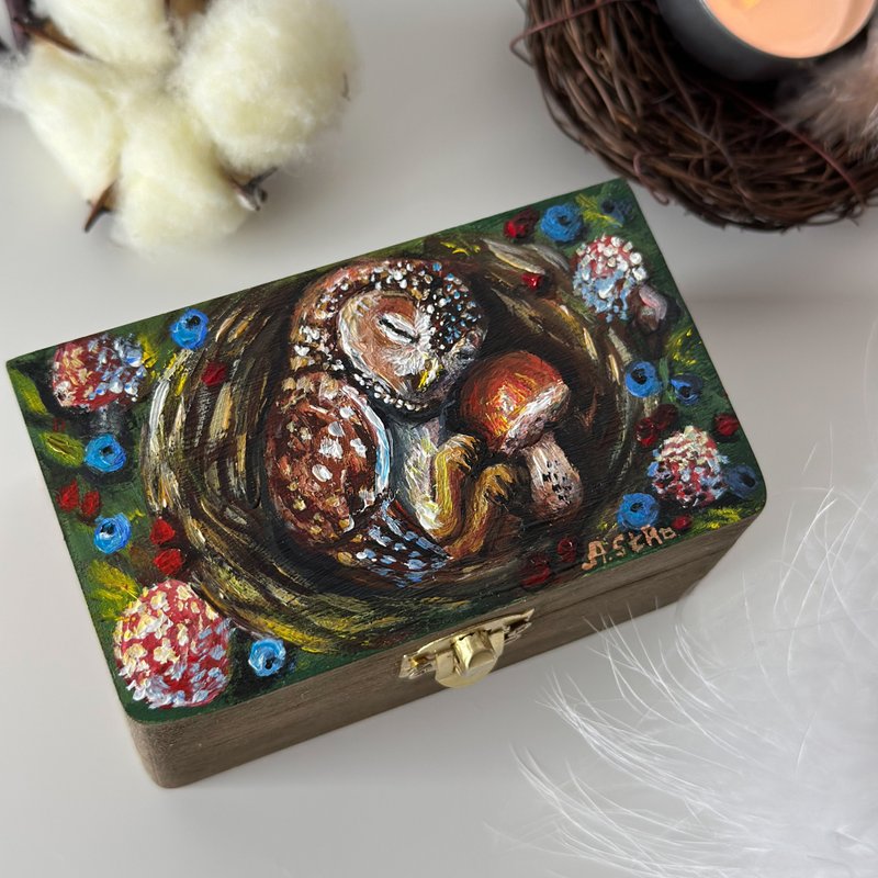 Hand-painted wooden box Owl, Mini storage box with lock, Jewelry box, Owl decor - 居家收納/收納盒/儲物盒 - 木頭 咖啡色