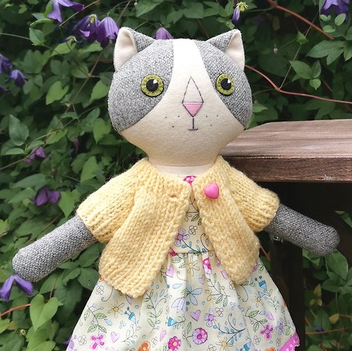 TweedyLand Gray cat girl, handmade plush kitten toy, stuffed wool doll