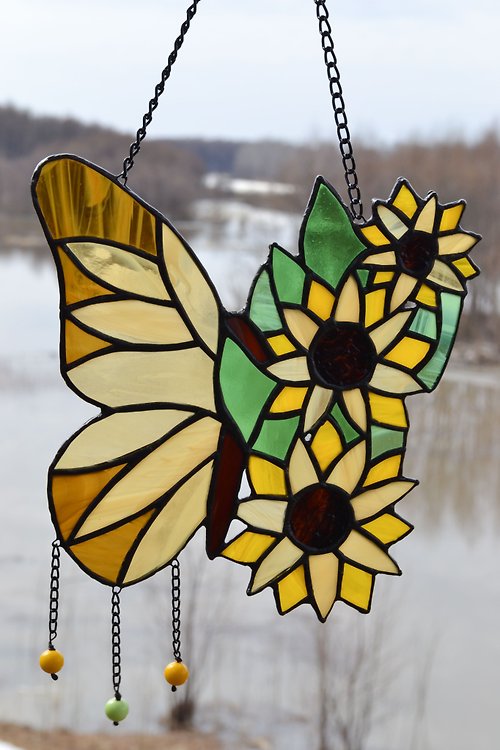 InariGlassStudio 彩色玻璃蝴蝶向日葵捕夢網花窗裝飾