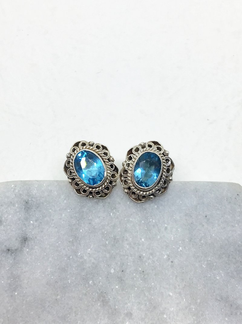 藍托帕石925純銀典雅鑲邊耳環耳釘 尼泊爾手工鑲嵌製作 - 耳環/耳夾 - 寶石 藍色