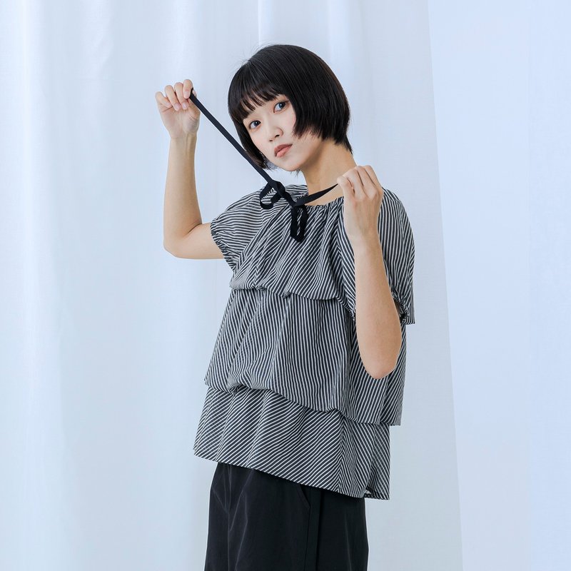 細條紋層次泡泡上衣 - 女上衣/長袖上衣 - 聚酯纖維 灰色