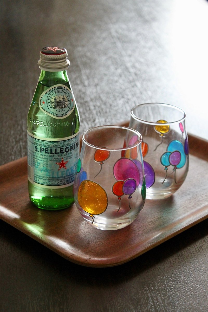 Colorful Balloons Painted Couple Cup・Multi Color Stained Glass Tea Cup Set - Bar Glasses & Drinkware - Glass Multicolor