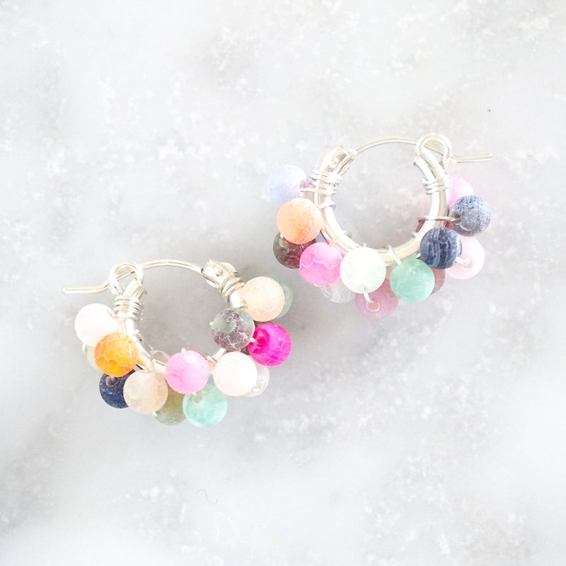 SV925SF mix Agate wrapped hoop pierced earrings / clip on earrings - Earrings & Clip-ons - Gemstone Multicolor