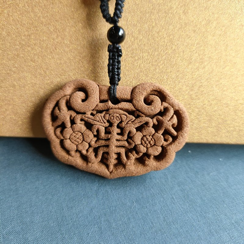 手手桂花/單面長壽如意香牌項鍊 - 項鍊 - 其他材質 咖啡色