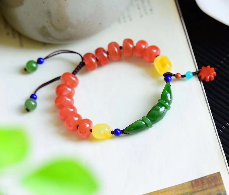 [Welfare price] very good natural jasper jade festival bracelet / exquisite old pit material / with red beads - สร้อยข้อมือ - หยก 