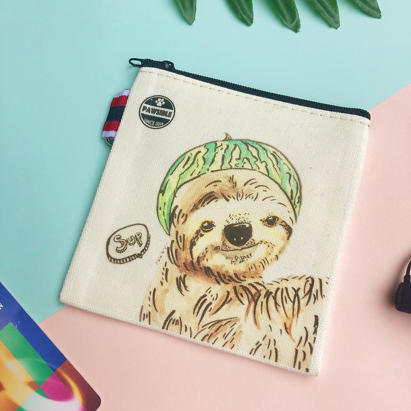 Watermelon head sloth coin purse - กระเป๋าใส่เหรียญ - ผ้าฝ้าย/ผ้าลินิน ขาว