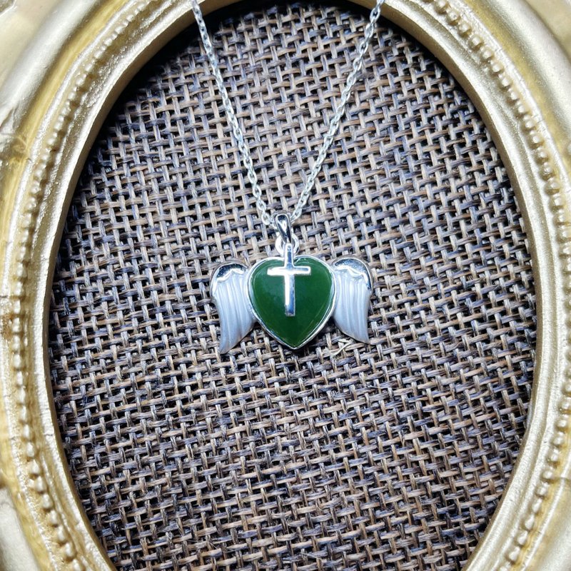 Love Angel Natural Ink Jade 925 Sterling Silver Jade Pendant Valentine's Day Birthday Gift - สร้อยคอ - หยก สีเขียว