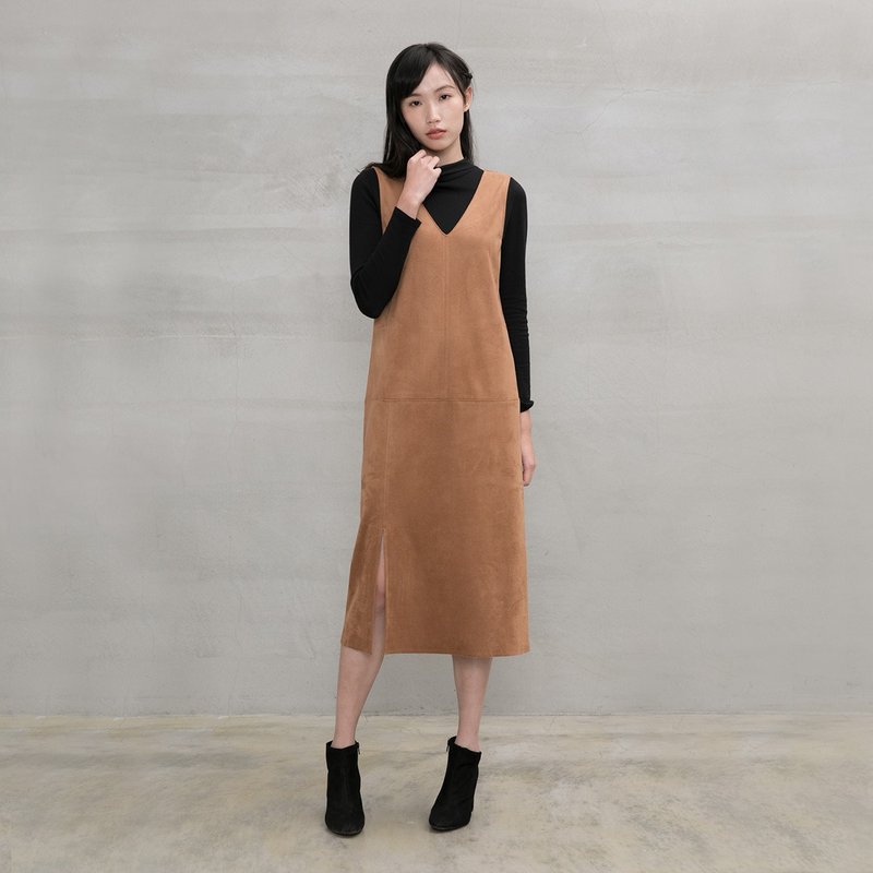 知性優雅仿麂皮洋裝  Intellectual Lady Suede Dress - 洋裝/連身裙 - 聚酯纖維 咖啡色