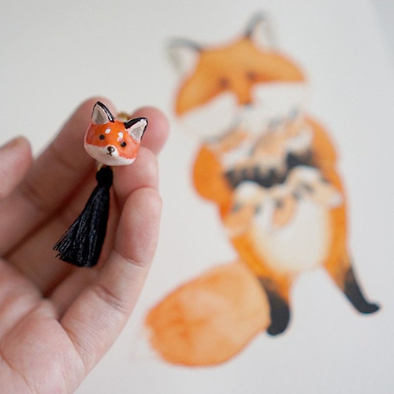 [Horn forest] red fox single ear nail / ear clip - ต่างหู - ดินเหนียว 