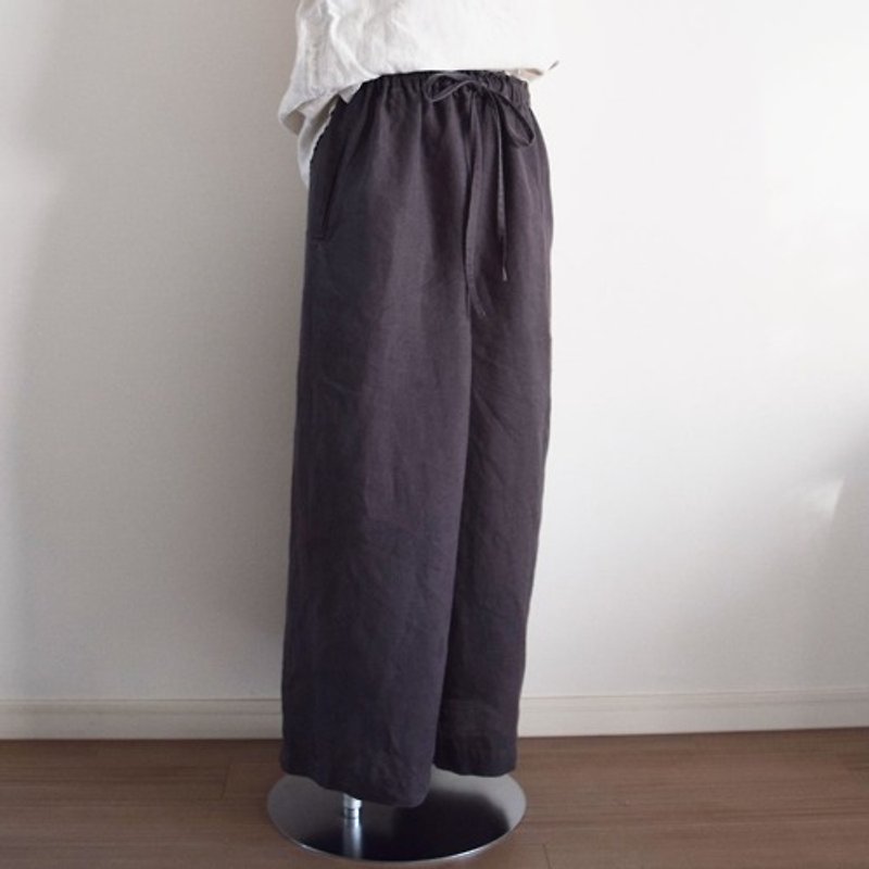 Wide easy pants with Linen that you can choose the size and length Dark gray Made to order - กางเกงขายาว - วัสดุอื่นๆ สีเทา