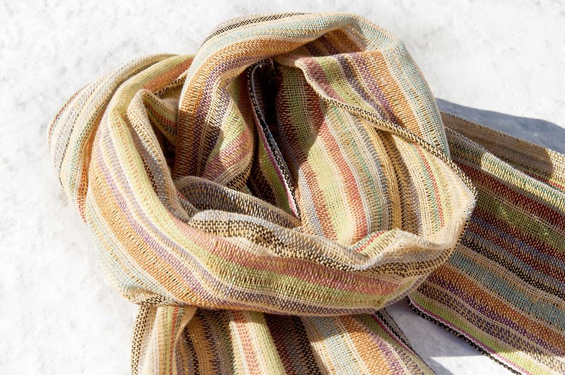 Hand-woven pure silk scarves, hand-woven fabric scarves, hand-woven scarves, cotton and linen scarves - rainbow colored stripes - Scarves - Cotton & Hemp Multicolor