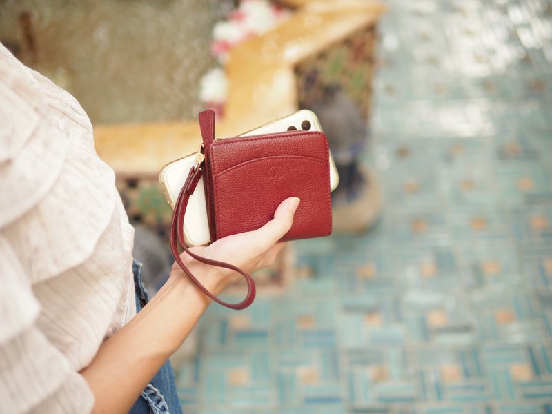 Anna (Wine red): Mini wallet, short wallet, cow leather, Bifold Zipper wallet - Wallets - Genuine Leather Red