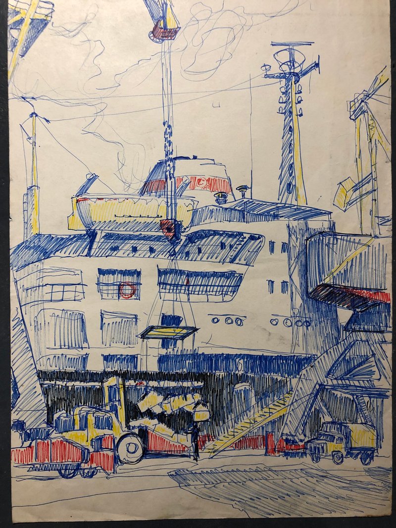 Ship in the Port of Odessa, Original Artwork, Felt-tip pen on Paper, Home Decor - 壁貼/牆壁裝飾 - 紙 多色