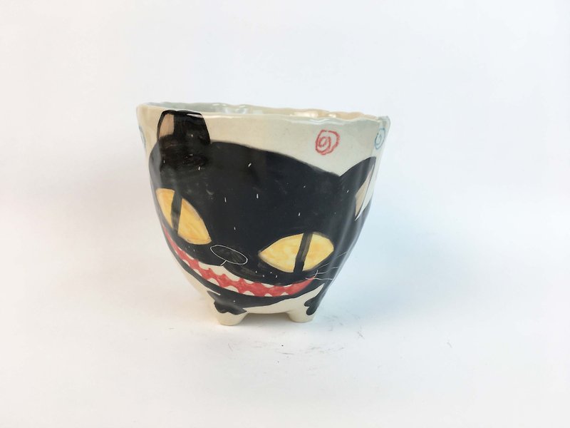Nice Little Clay Handmade Bowl_Happy Black Cat 0214-03 - Bowls - Pottery White