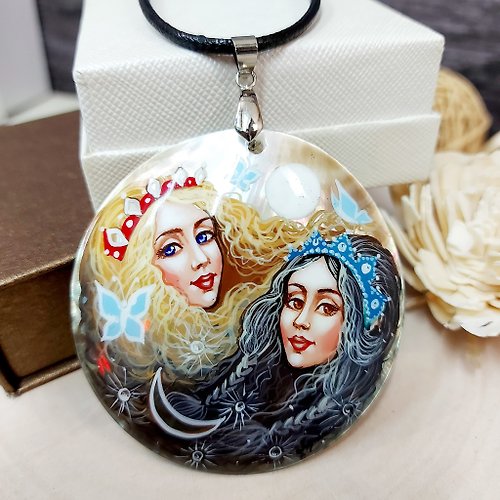 Charm.arts Cute girls as images of Day & Night on elegant pearl pendant. Handmade painting
