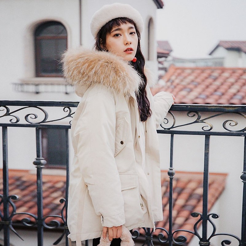 2018女裝冬季穿搭含毛領中長款派克羽絨服 - 外套/大衣 - 聚酯纖維 白色