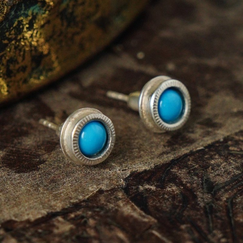 復古綠松石圓珠純銀小眾氣質耳飾耳釘 - 耳環/耳夾/耳骨夾 - 寶石 