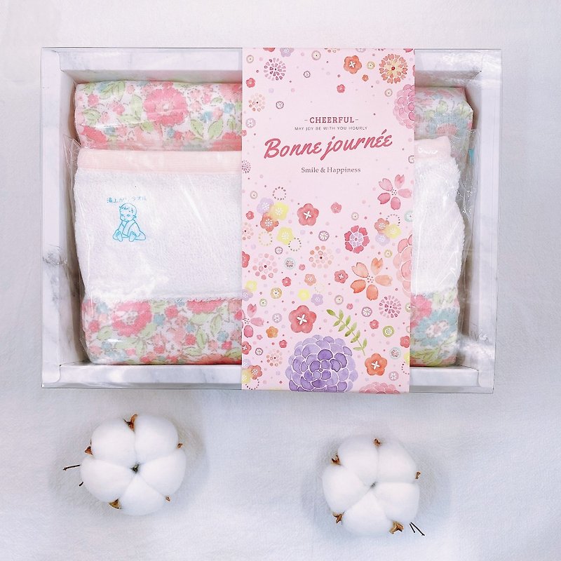 Japan Boribon oeuf 3-piece gift box for bathing with pink flowers (including gift box paper seal/bag) - ของขวัญวันครบรอบ - ผ้าฝ้าย/ผ้าลินิน สึชมพู