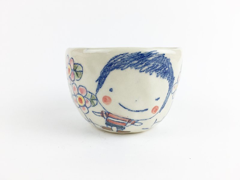 Nice Little Clay Handmade Small Bowl _ Boy Girl With Flowers 20 - Bowls - Pottery Multicolor