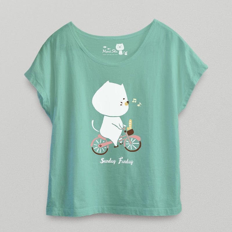 包子貓騎單車簡單生活T-shirt - 女裝 短褲/牛仔短褲 - 棉．麻 綠色