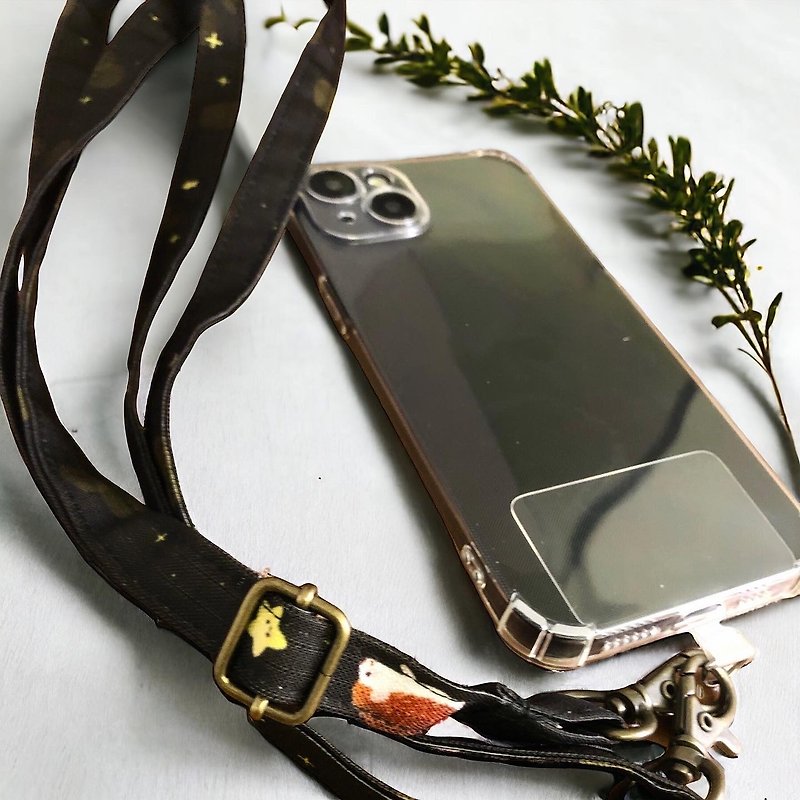 可愛插畫小動物 防潑水可調長短手機背帶-台灣設計製造好摸有質感 - 手機配件 - 其他人造纖維 黑色