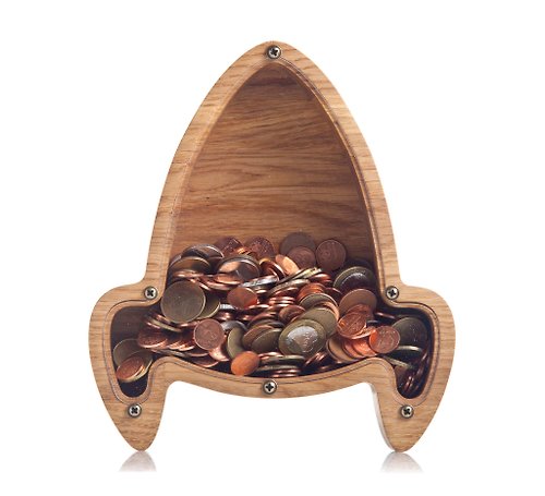 WOODPRESENTS ROCKET SHIP Wooden piggy bank Spaceship nursery decor Personalized baby gift