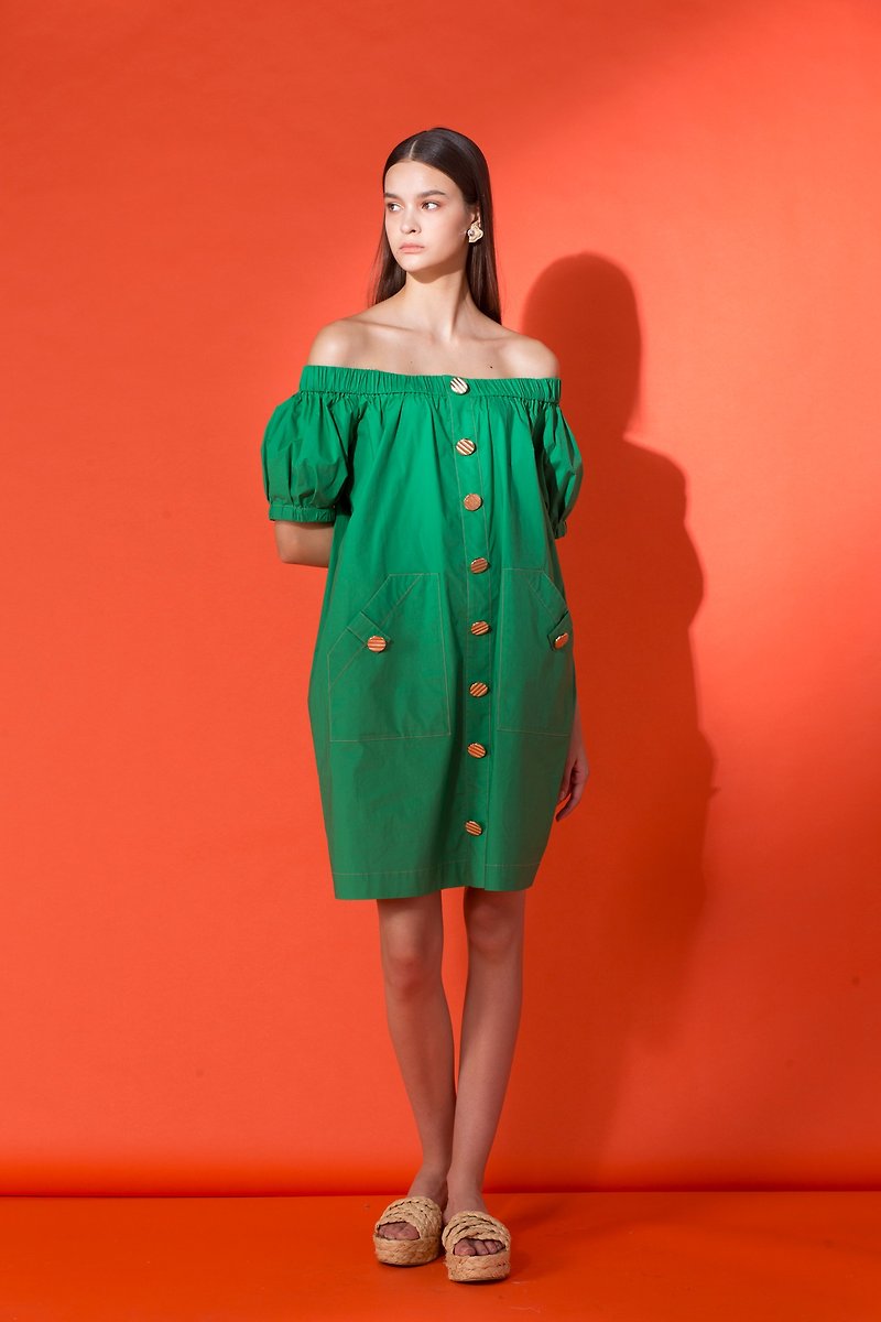 Off-the shouder cotton-blend dress/ Emerald green - ชุดเดรส - ผ้าฝ้าย/ผ้าลินิน สีเขียว