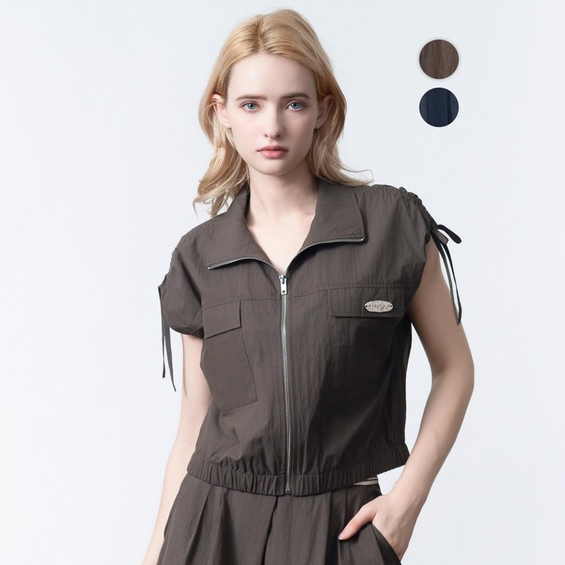 【MEDUSA】街頭抽皺拉鍊外套上衣 - 2色(M-XL) | 女外套上衣 短袖 - 女上衣/長袖上衣 - 棉．麻 咖啡色