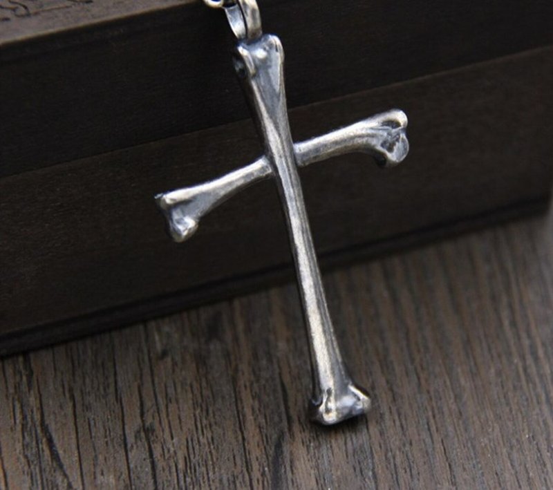 S925 Sterling Silver Designer Bones Cross Pendant Necklace without Chain - 長項鍊 - 純銀 銀色