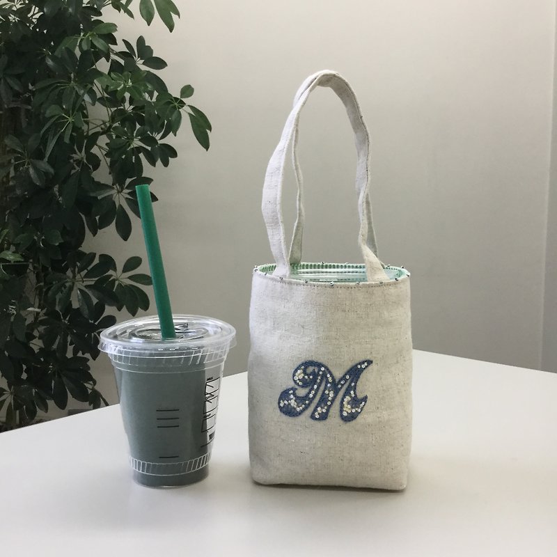 Cafe bag initials M Minitoto - กระเป๋าถือ - ผ้าฝ้าย/ผ้าลินิน ขาว