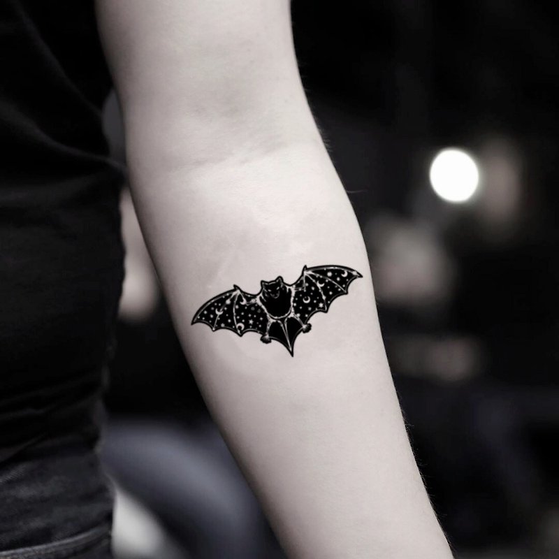Starry Night Bat Temporary Fake Tattoo Sticker (Set of 2) - OhMyTat - Temporary Tattoos - Paper Black