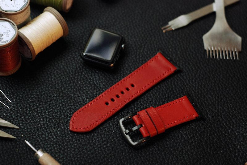 [Christmas Offer] applewatch leather hand-stitched strap - chili red - Watchbands - Genuine Leather Red